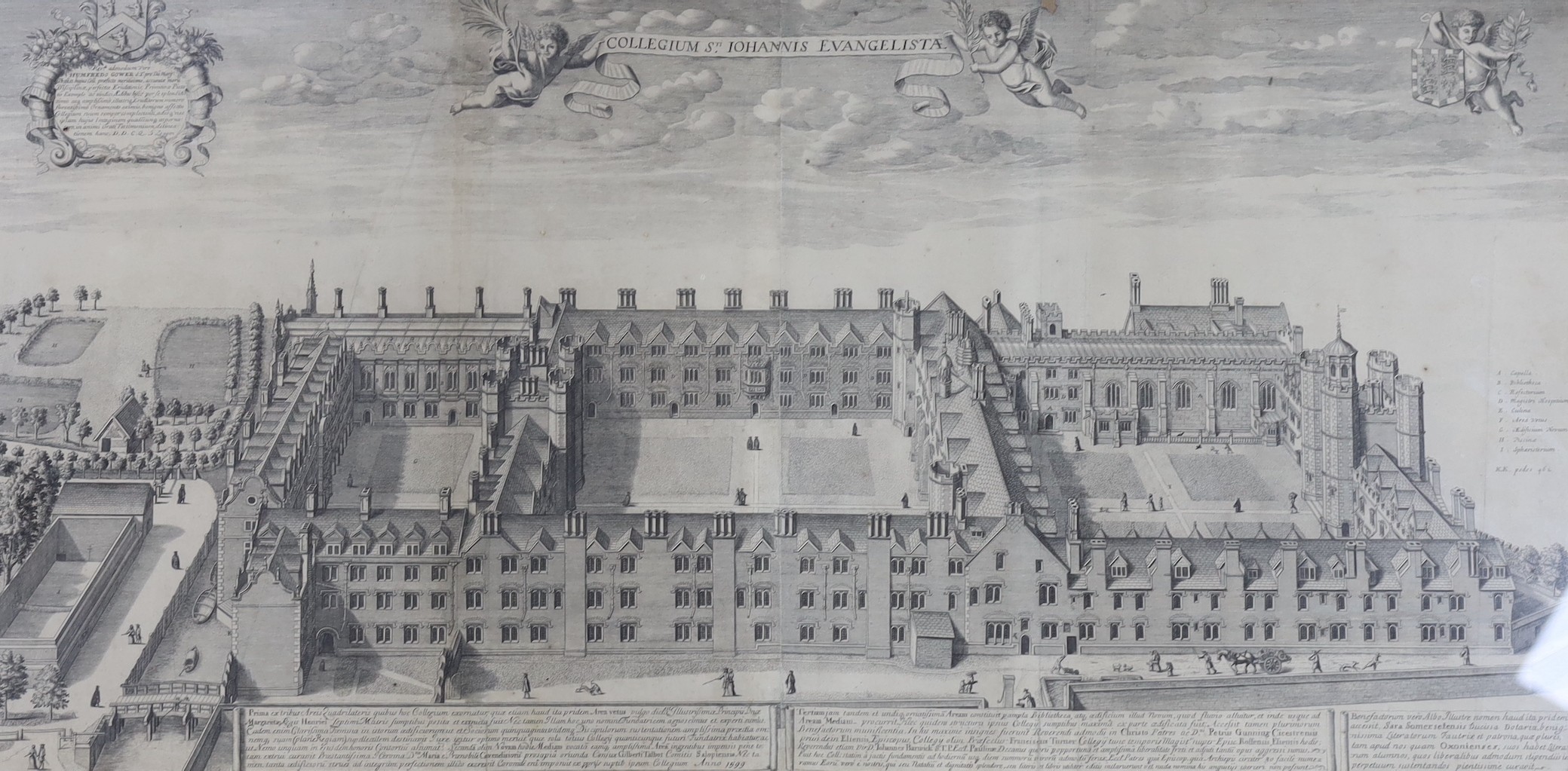 Three 17th/18th century engravings; Collegium St Iohannis Evangelista, 40 x 80cm and Prospects of Cambridge from the East and West, 11 x 35cm